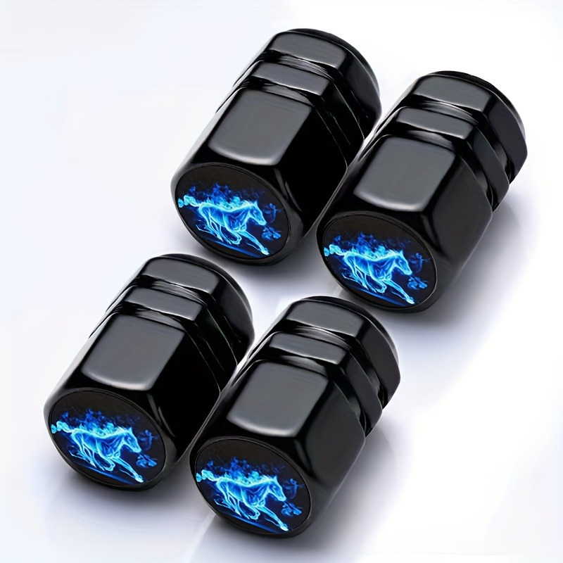 E-shop 4er-Set Blaue Pferdemuster Metall Ventildeckelabdeckungen, Passend für Autos, LKWs, SUVs & Motorräder