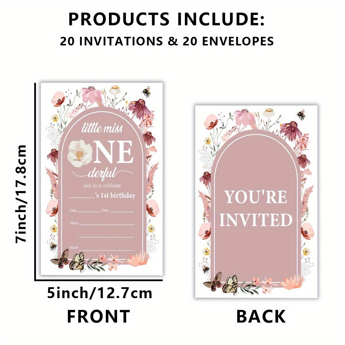 TEMU 20pcs, First Birthday Invitation, Pink Flower Party Invitation, Theme Birthday Party Invitation, Birthday Invitation With Envelope