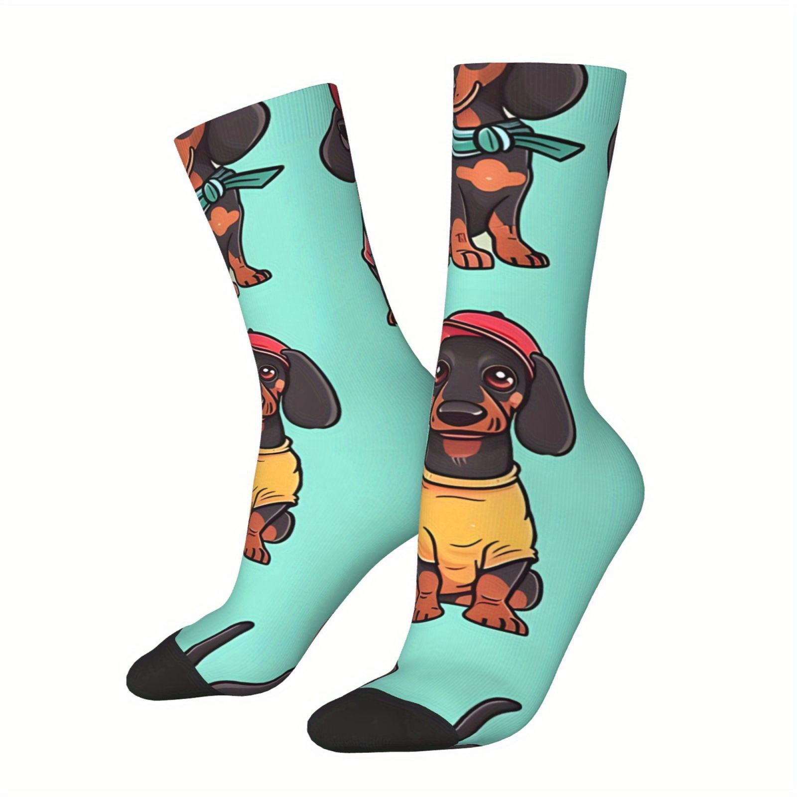 

1 Pair Men's Socks With Retro Dachshund & Pattern - Fun, Novelty Crew Socks In Turquoise, Polyester & Elastane , Perfect Gift For Dog Lovers