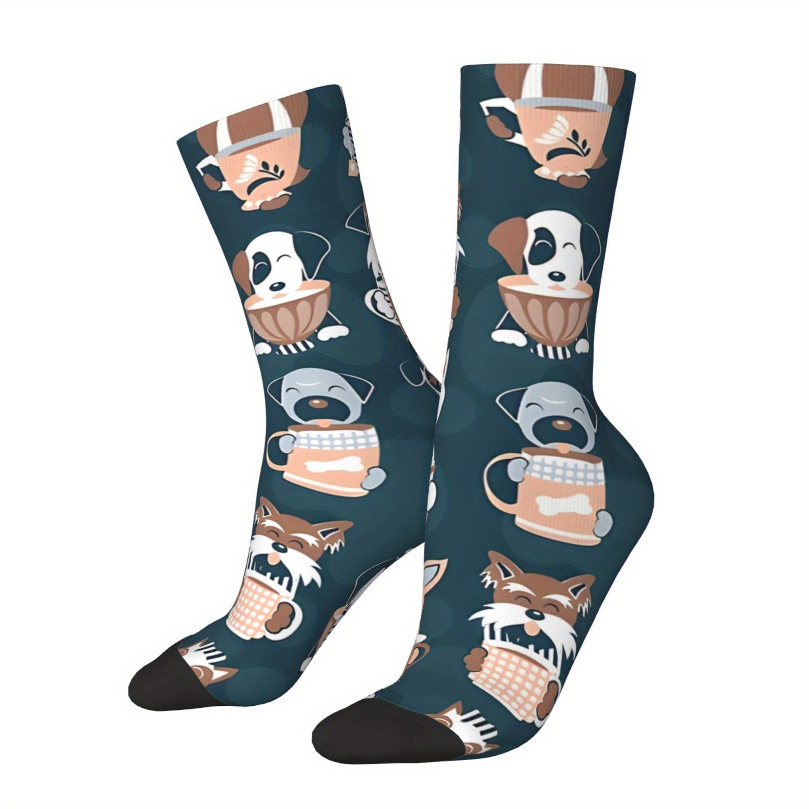 

1 Pair Knit Fabric Crew With Dog & Coffee Design, Polyester & Elastane Blend, Hand Washable, Whimsical Printed Unisex Footwear For Hip Hop & Street Style Enthusiasts