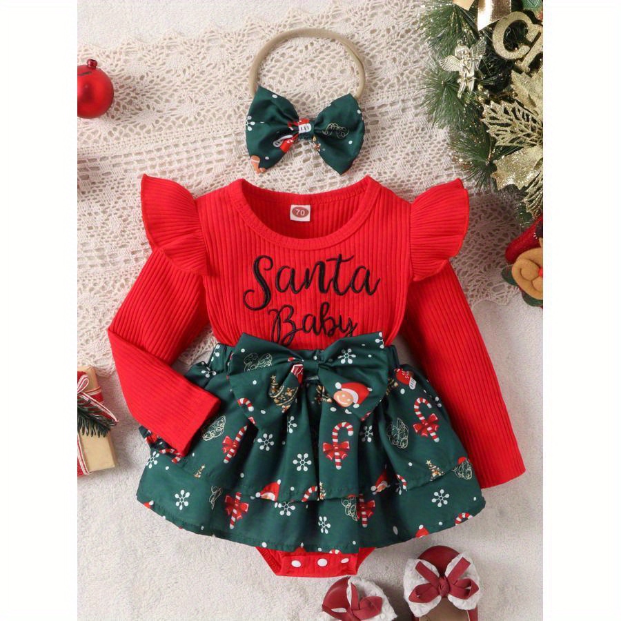 

0-18 Months Infant Baby Girls Christmas Romper Dress Long Sleeve Letter Santa Hat Print Romper With Bow Headband