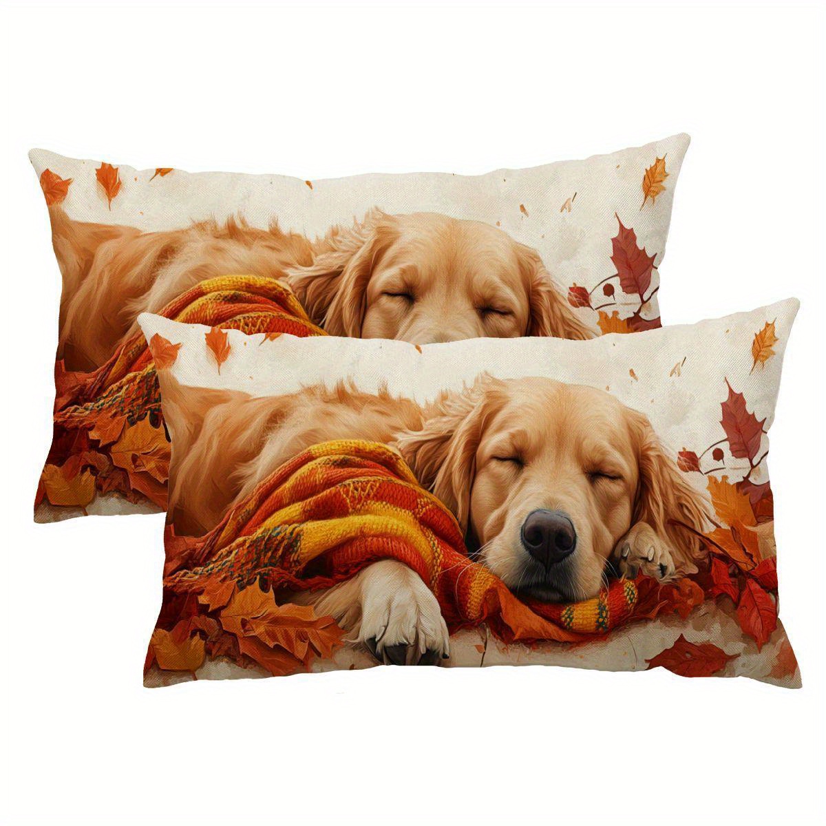 

2pcs Thanksgiving Throw Pillow Covers Set - Dog & Maple Leaf Design, , Zip Closure, Machine Washable - Decor (12x20 Inches, Inserts Not Included)