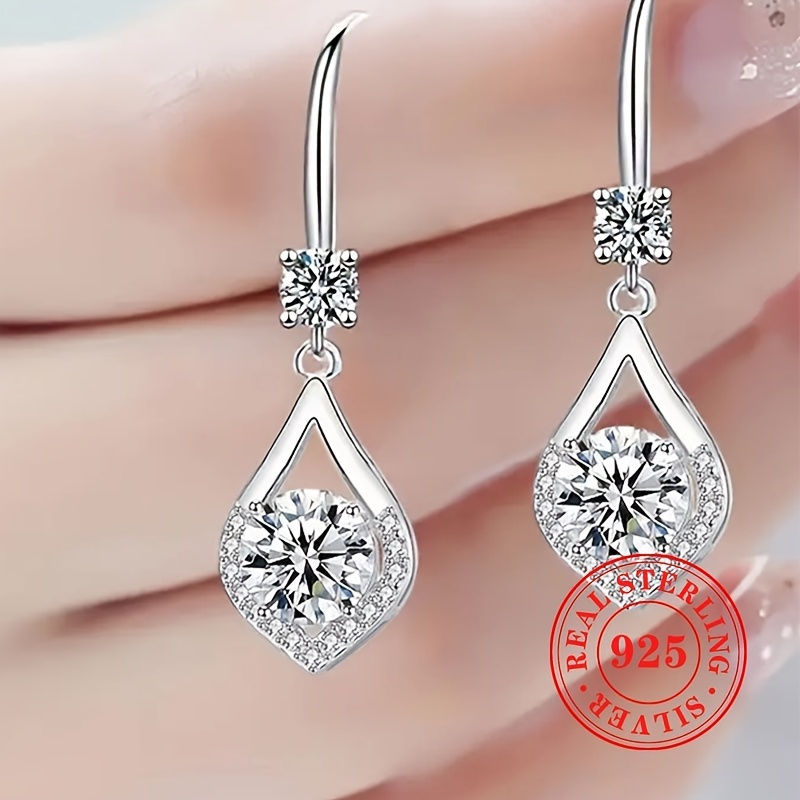 

Sterling 925 Silver Hypoallergenic Earrings Hollow Leaf Design Shiny Zircon Trim Pendant Earrings Elegant Style Women's Earrings