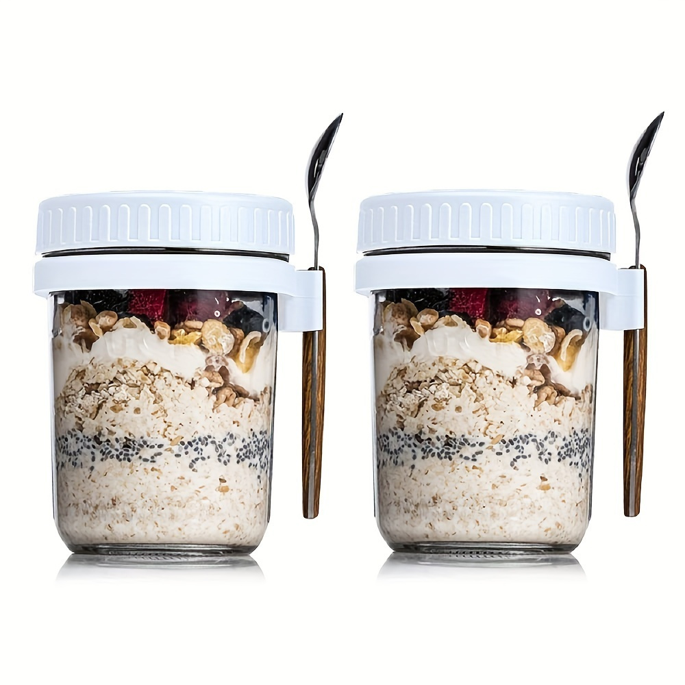 

2-pack Glass Oatmeal Breakfast Jars With Lids And Spoons - Food Contact Safe Salad Cup Set, Portable Yogurt Parfait Container With Sealable Mason Jar Design