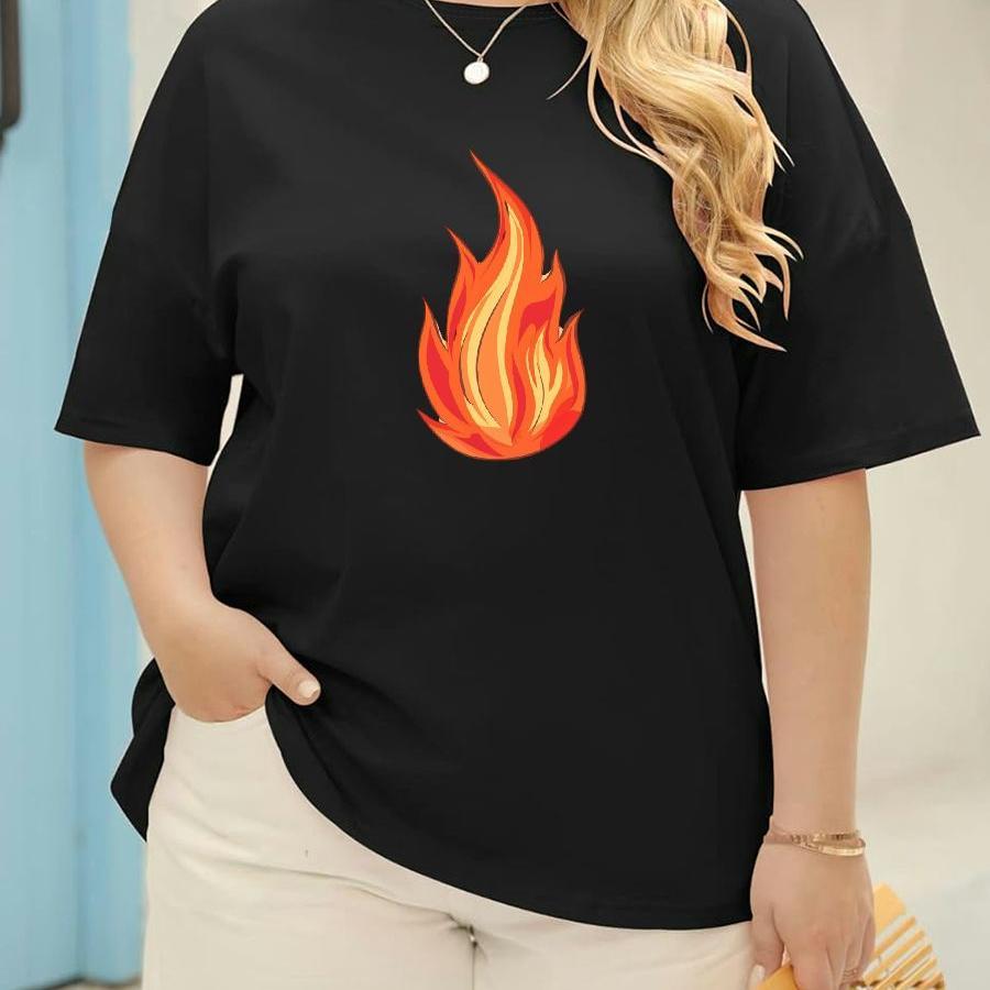 

Women's Breathable Casual T-shirt With Fire Print - Sporty & Comfy, Crew Neck, Short Sleeve Top For Spring/summer/fall