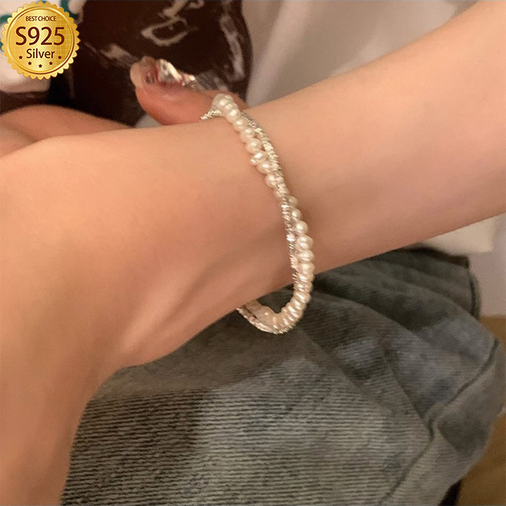 

Elegant Double-layer 925 Sterling Silver & Shell Pearl Bracelet With Chic Beaded Design - Ideal For & , Luxurious Gift, 3.8g, Jewelry, , Gift-