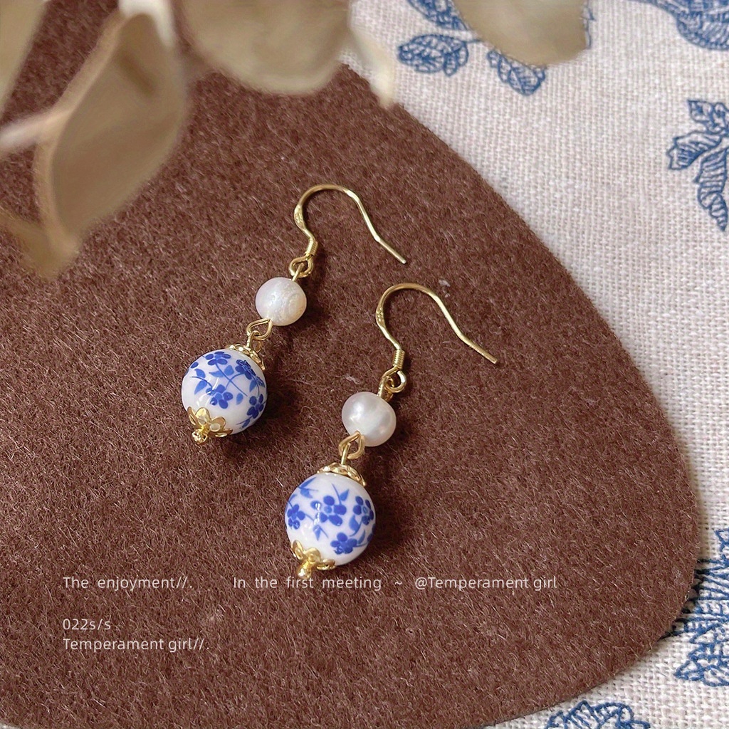 

1 Pair Vintage Court ~ Tang Suit Accessories 925 Ceramic Blue And White Earrings Handmade Design Earrings Factory Supply