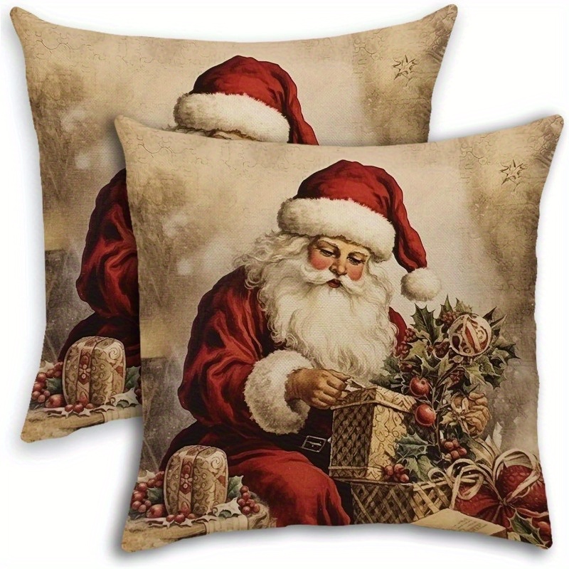 

Vintage Santa Claus Christmas Throw Pillow Covers, 18x18 Inch, Set Of 2, Woven Polyester Rectangular Decorative Cushion Cases For Sofa, Car, Office Chair - No Electricity Or Battery Needed