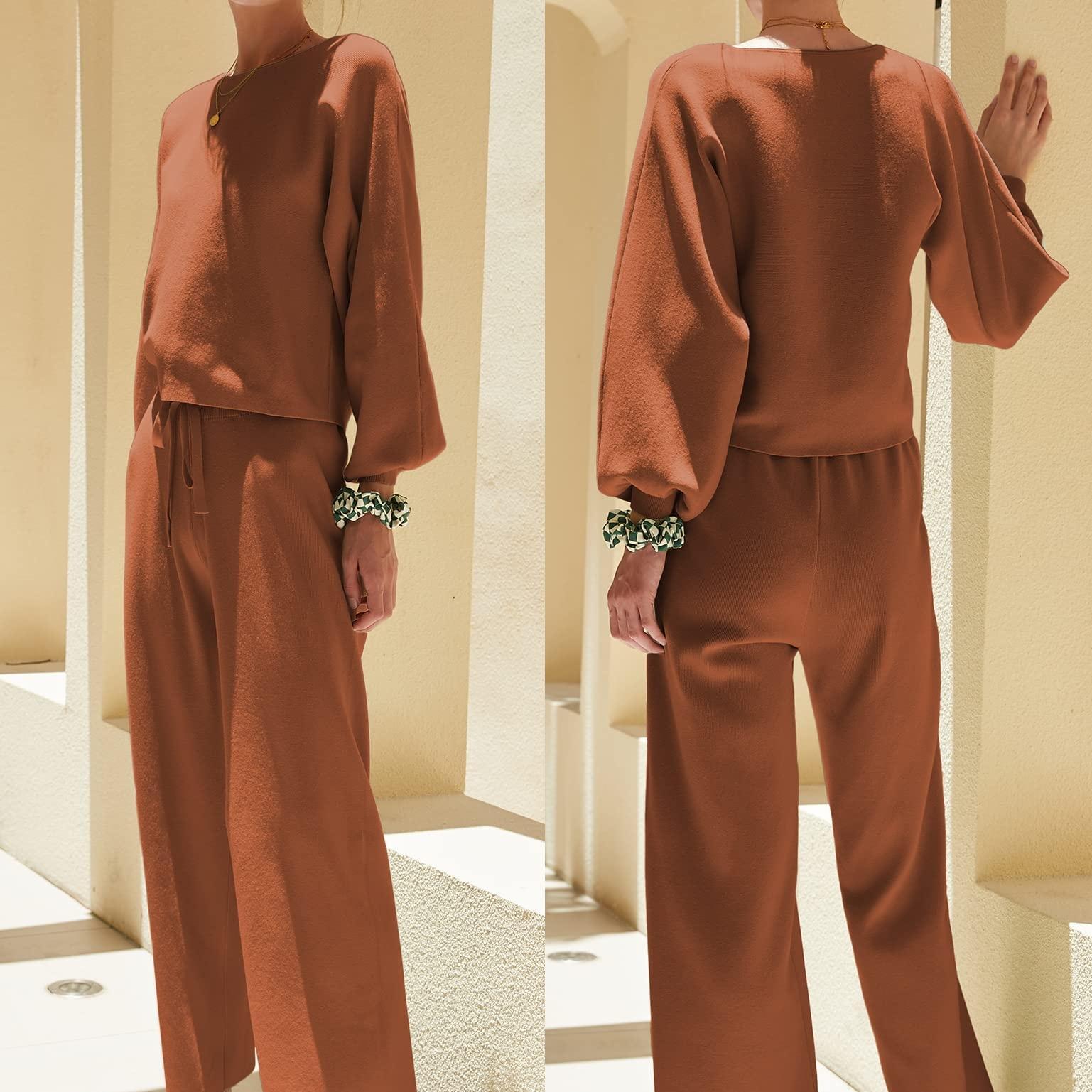 

Knit Lounge Sets For Women Comprising 2 Pieces: Cozy Long Sleeve Pullover Sweater Top And Wide Leg Pants Set As Pajamas Outfits