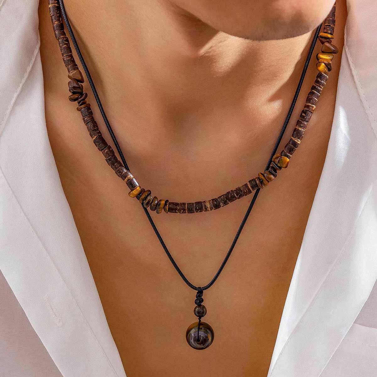 

2 Pcs/set European And American Fashion Coconut Shell Turquoise Leather Wax Line Necklace Suit Men Hip Hop Twin Sweater Chain -border Sold Jewelry Men