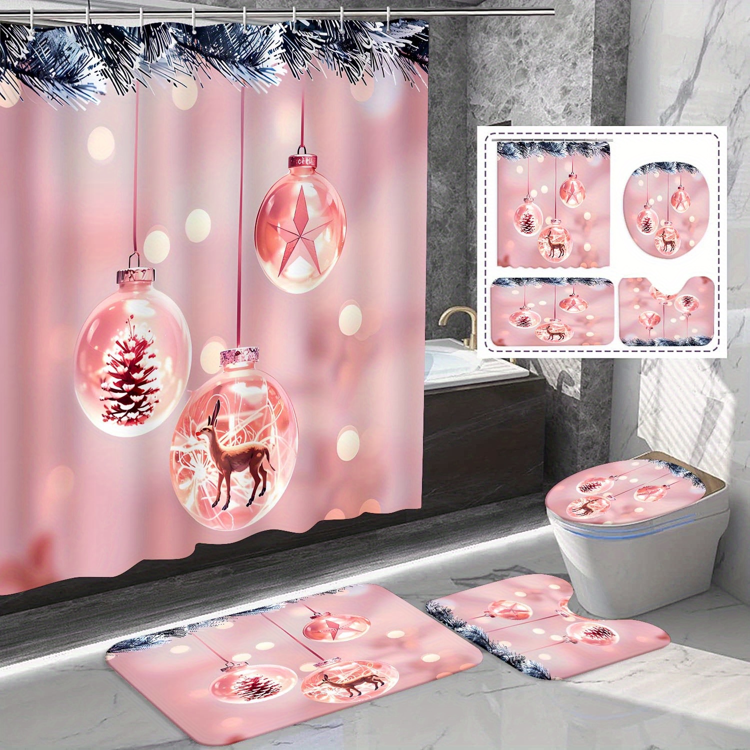 

Festive Christmas Shower Curtain Set With Toilet Seat Cover, Bath Mats, And Hooks - 71x71in/180x180cm