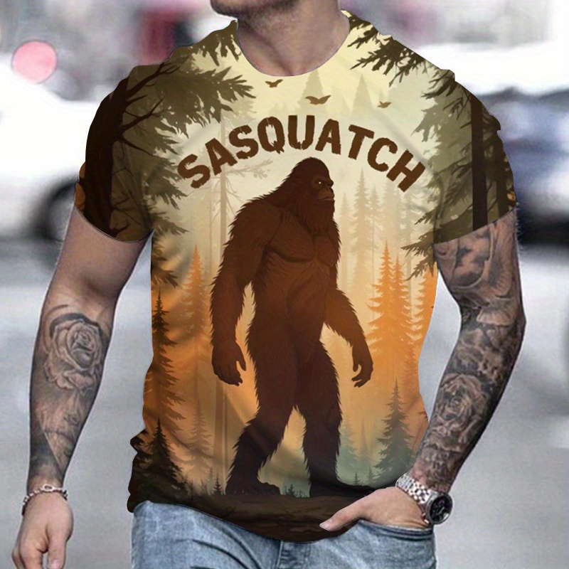 

Men's Sasquatch 3d Print T-shirt - Casual Round Neck Short Sleeve Tee With Bigfoot Design, Forest Sunset Graphic, Soft Polyester Fabric, Style