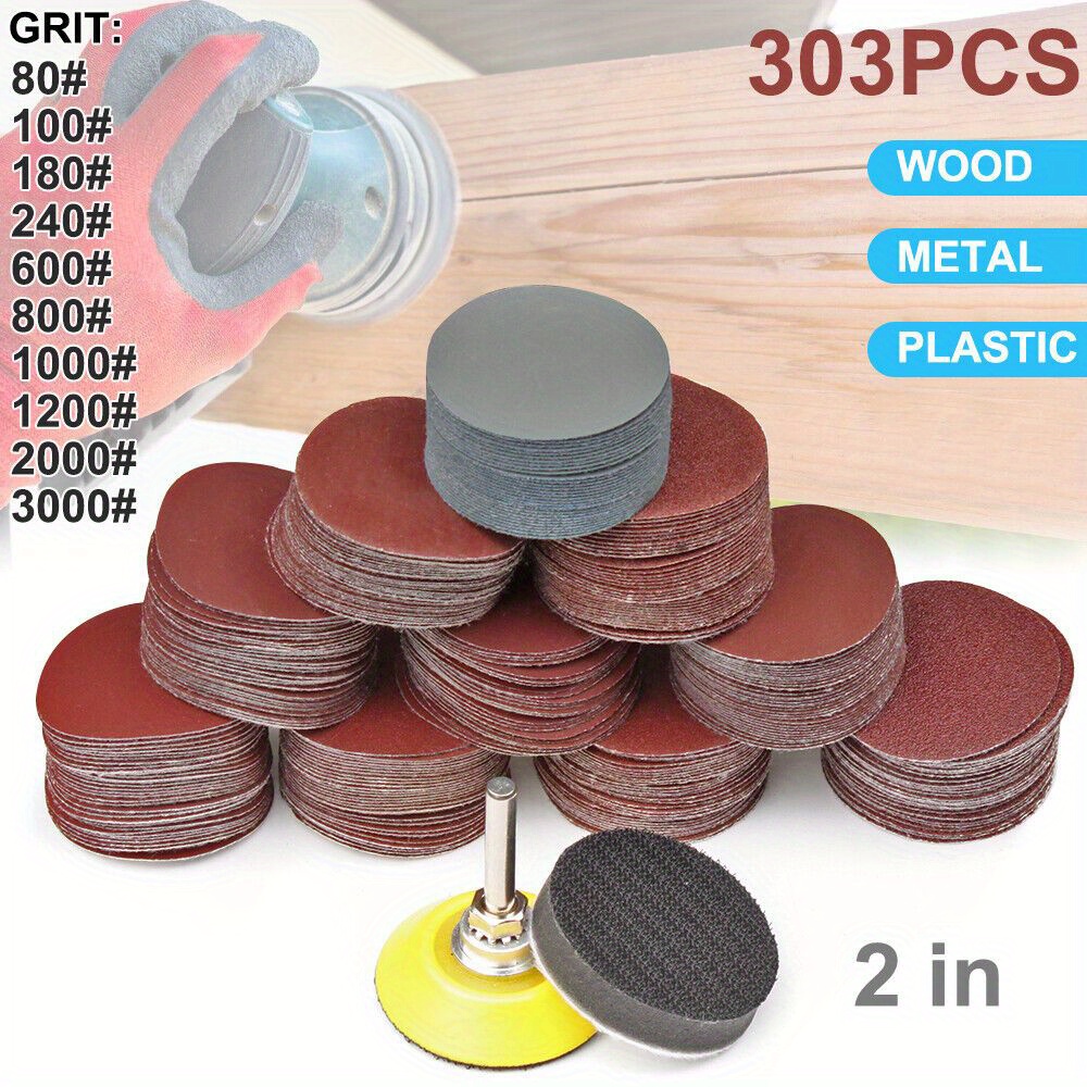 

300pcs 2 Inches Sanding Discs Pad Kit For Drill Sanding Grinder Rotary Tools With Plate Shank And Soft Foam Buffering Pad, Sandpapers Includes 80-3000 Grit