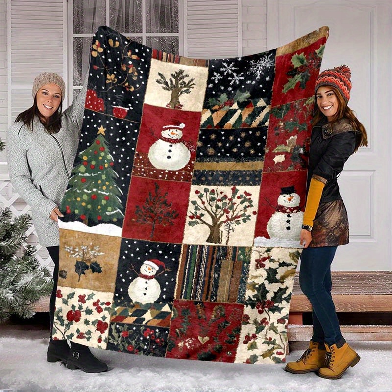 

Festive Christmas Quilt: Vintage Red And Snowman Designs - Perfect For Home Decor Or As A Gift - Made With Soft Polyester Material