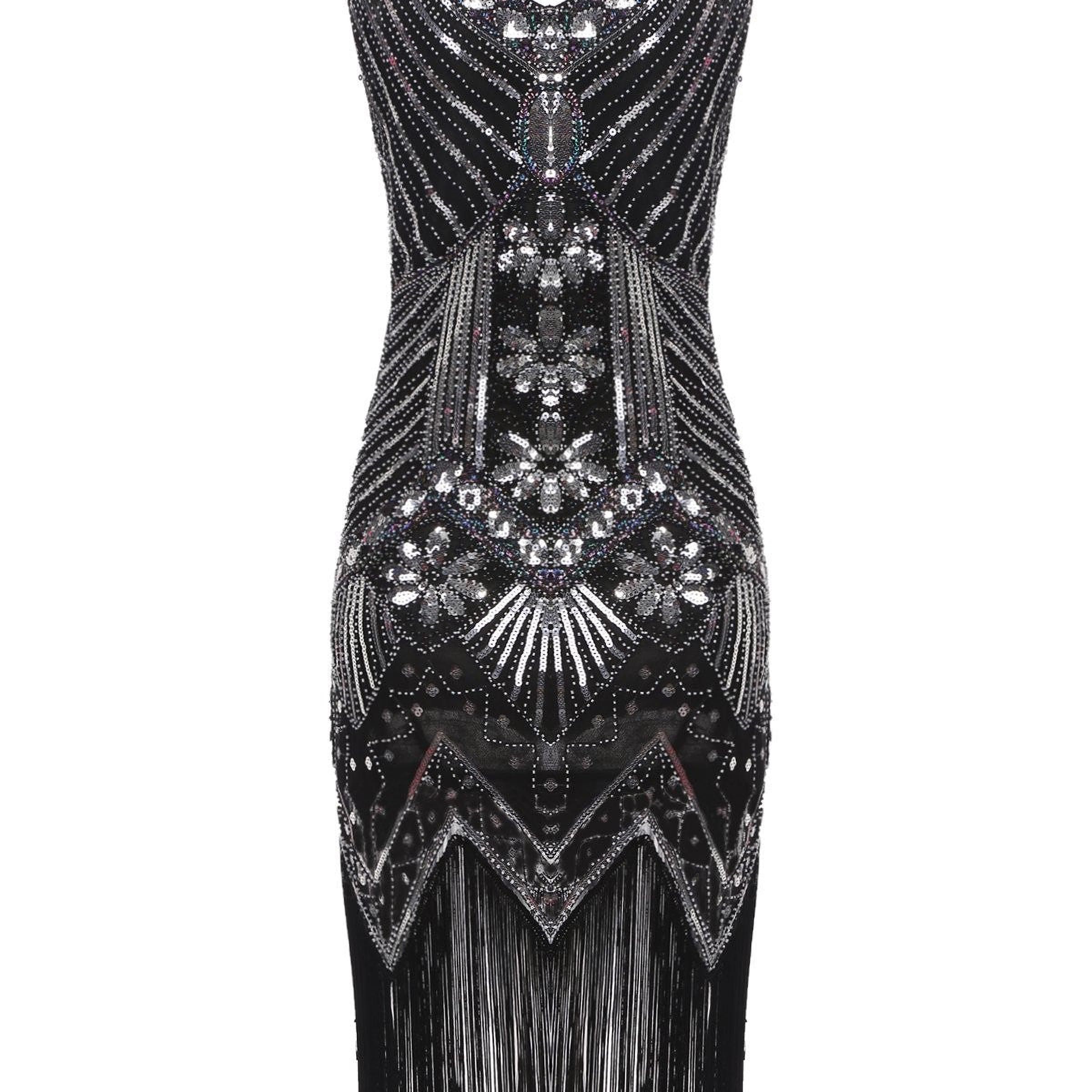 

1920s Sequined V Neck Dress, Vintage Sleeveless Fringe Hem Bodycon Dress For Party & Banquet, Women's Clothing