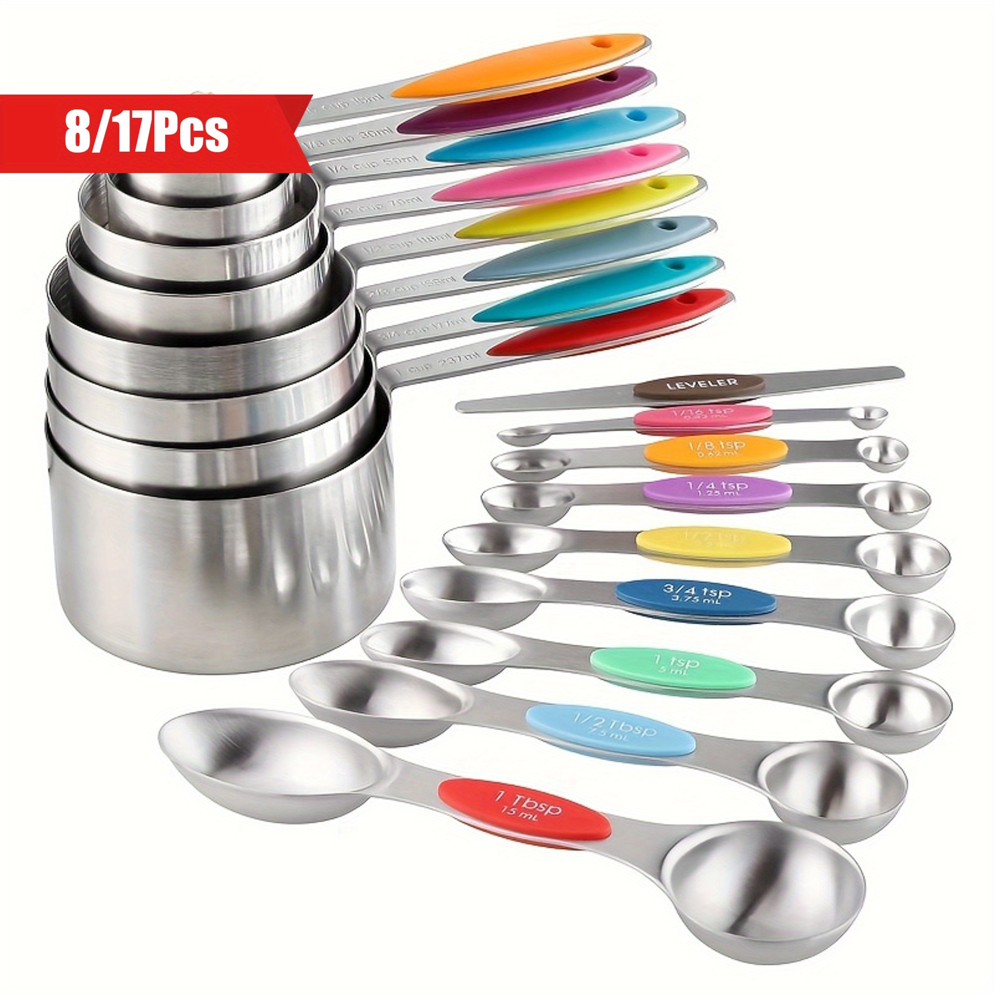 

8/17pcs Ensemble de cuillères à mesurer en acier inoxydable, ustensiles de cuisine de luxe, mesure précise des et des solides, accessoires de cuisson pour les cuisiniers amateurs et .