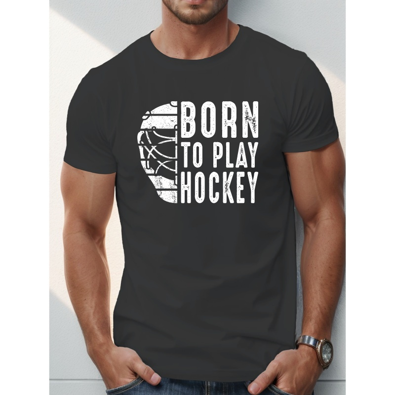 

Men's Polyester Crew Neck T-shirt With Geometric Hockey Graphic - Casual Summer Knit Fabric Top With Slight Stretch, Regular Fit - Hockey Short Sleeve Tee