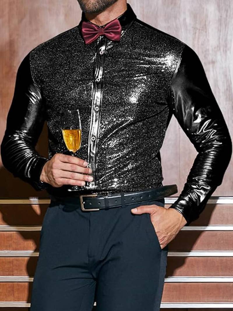 Men's Silk-Like Metallic Shiny Long Sleeve Button Down Slim Fit Shirt