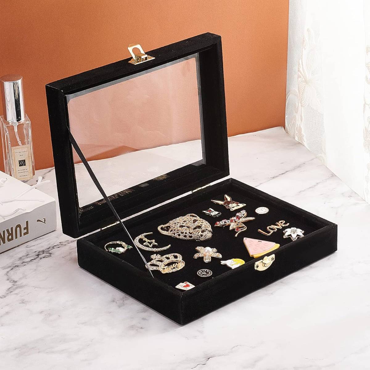 

Rectangle Dustproof Transparent Pin Display Case Frame With Hooks For Military Medal Jewelry Pin Badge Collection Rings Necklaces Bracelets Storage Black, Jewelry Boxes