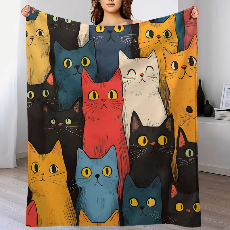 1pc cute cat print blanket flannel blanket soft warm throw blanket nap blanket for couch sofa office bed camping travel multi purpose gift blanket for   details 0