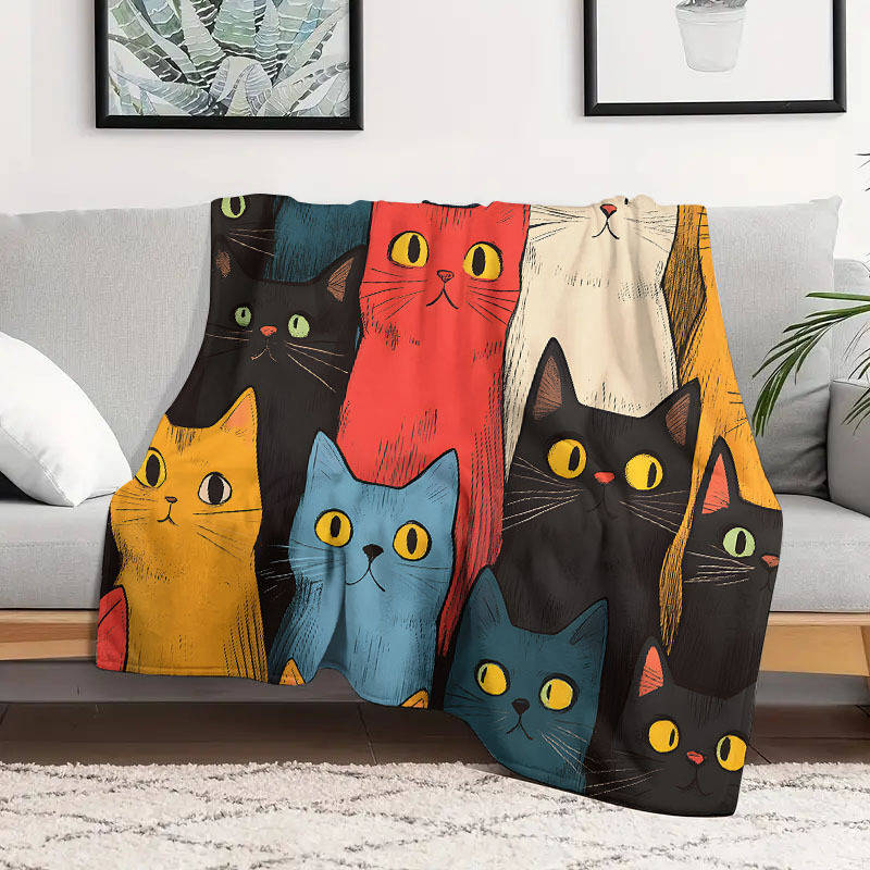 1pc cute cat print blanket flannel blanket soft warm throw blanket nap blanket for couch sofa office bed camping travel multi purpose gift blanket for   details 1