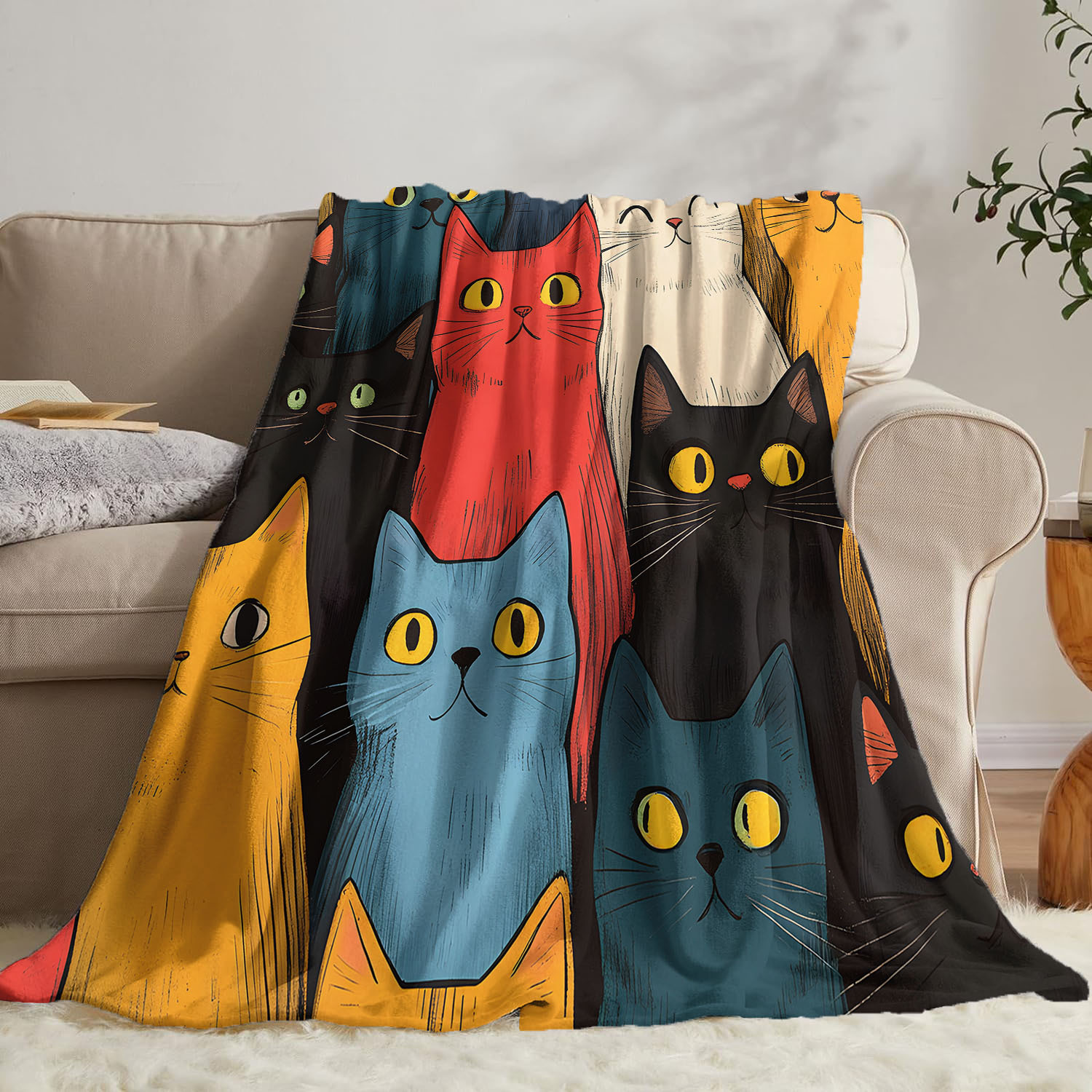 1pc cute cat print blanket flannel blanket soft warm throw blanket nap blanket for couch sofa office bed camping travel multi purpose gift blanket for   details 4