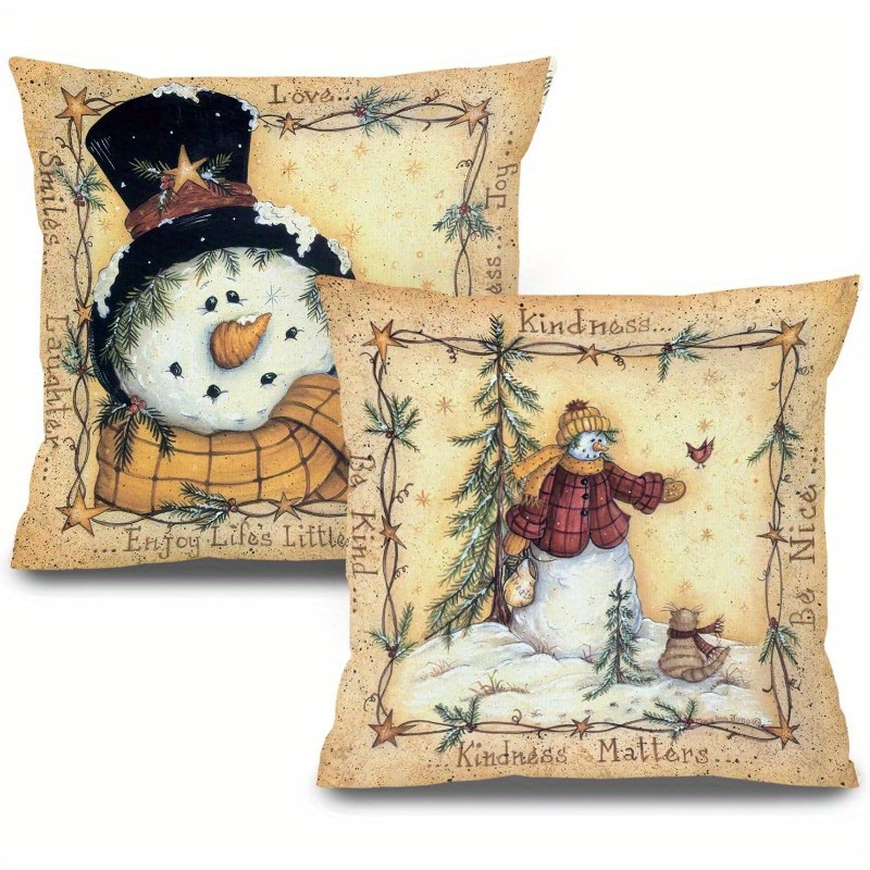 

2-piece Set 18x18" Christmas Decorative Cushion Covers, Vintage Winter Snowman Design, Polyester Throw Case Set For Decor, Motif, Machine-woven, No Power Needed