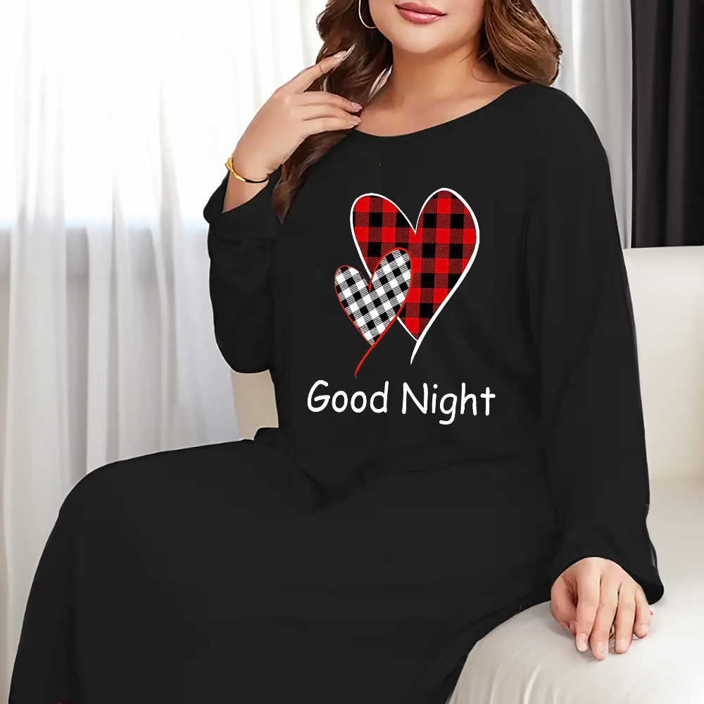 

Plus Size Casual Night Dress With Checkered Heart & '' Print - Cozy Long Sleeve Crew Neck Sleepshirt - Polyester Knit Fabric With Stretch For Adult Women - Home And Outerwear For All