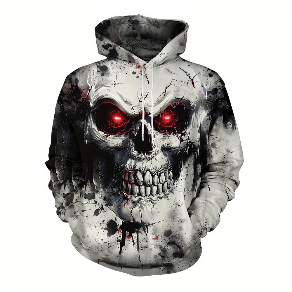 

All-season Casual Hooded Sweatshirt With Red-eyed Skull All-over Print, Men's Street Fashion Loose Fit, Knit Polyester Pullover With Medium Stretch