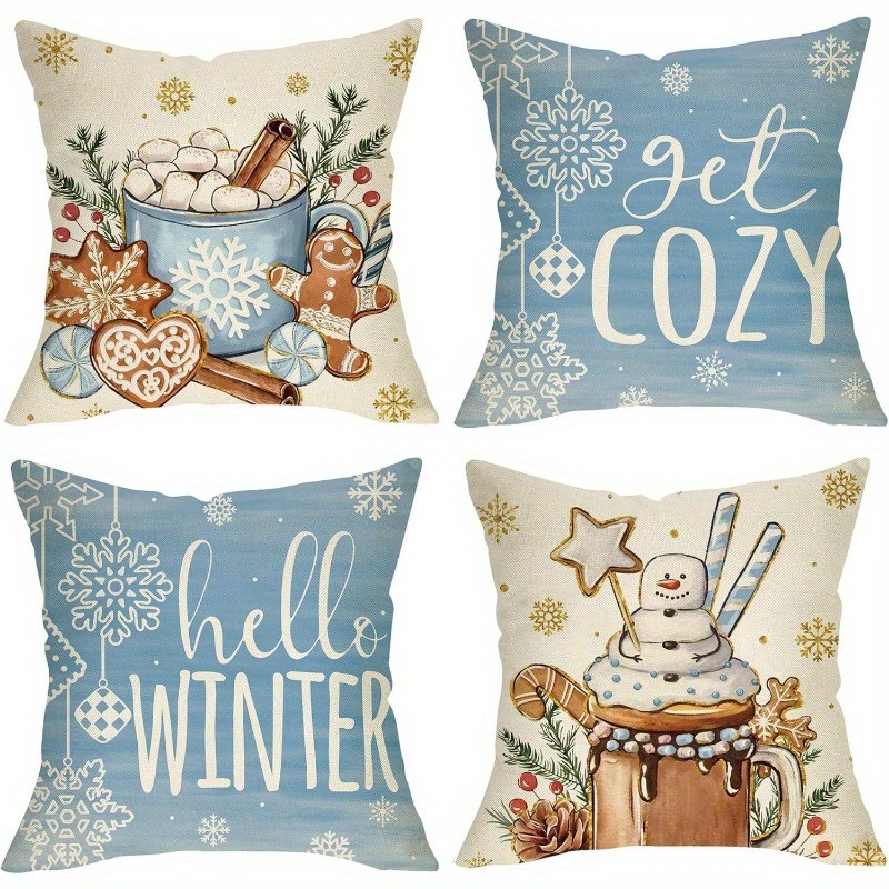 

4pcs Hello, Upholstered Pillow Cover 18x18 Inches, Cozy Gingerbread Cookies Snow Porch Outdoor Home Decor, Pine Cone Snow Seasonal Sofa Cover (no Pillow )