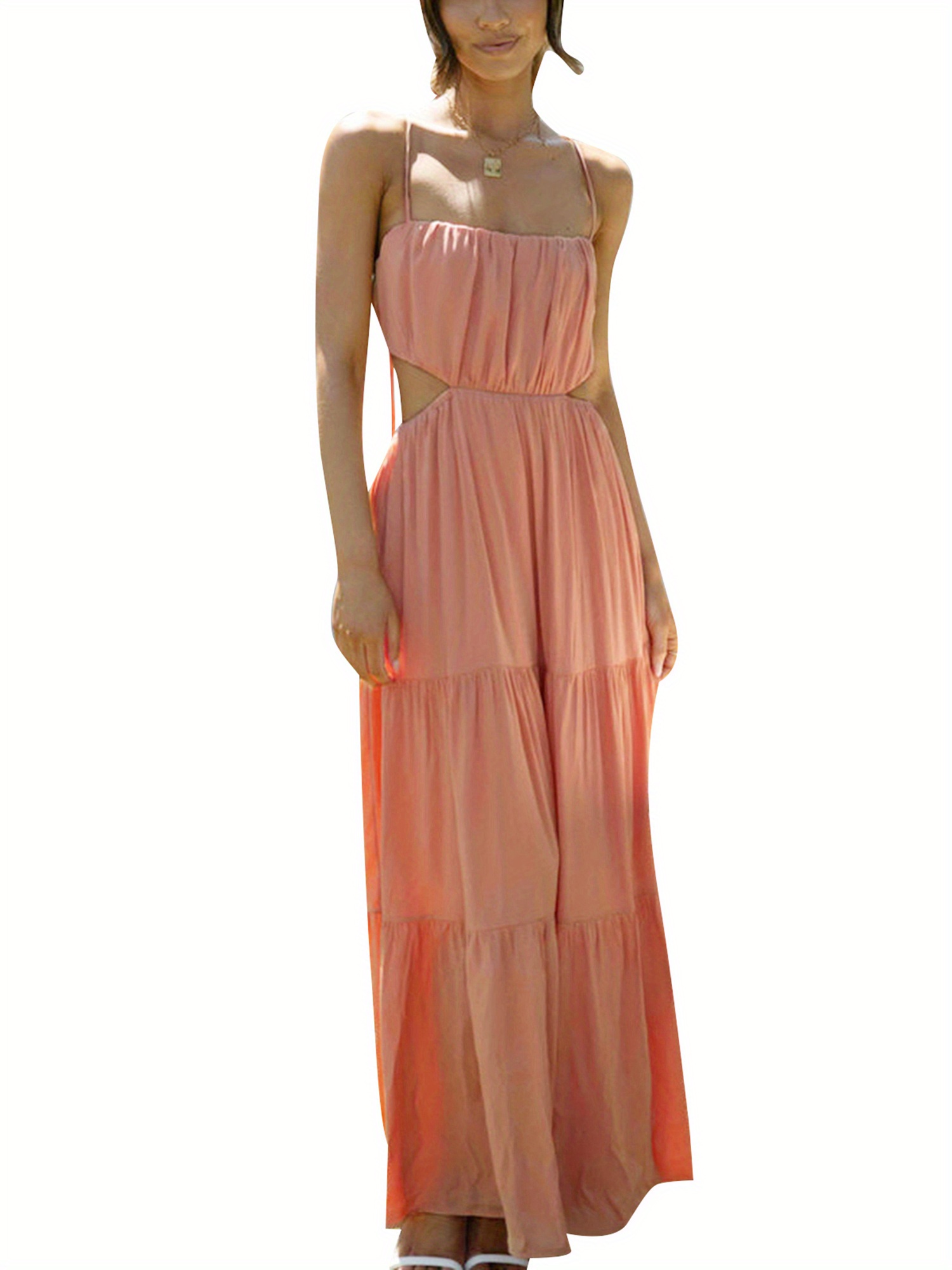 Elegant Green Spaghetti Strap Maxi Dress for Women - Sleeveless Cutout Waist Design, Flowing Skirt, Perfect for Spring & Summer, Spaghetti Suspender