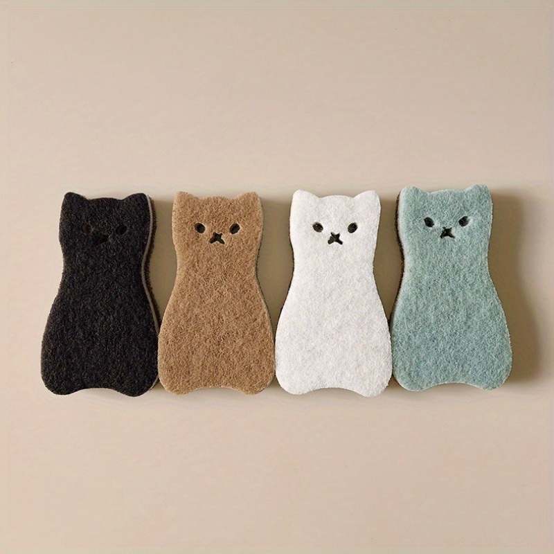 

4pcs Cute Cat Sponge Set - Tpu, Honeycomb & Loofah Design For Kitchen Cleaning And Dishwashing