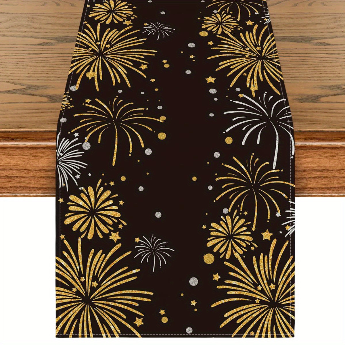 

New Year's Fireworks Table Runner - Polyester Knit Fabric, Black With Golden And White Stars, Rectangular Table Decor For Christmas And Family Parties