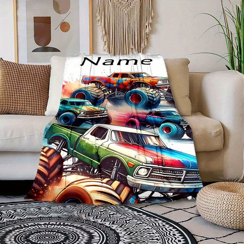 

Custom Name Monster Truck Polyester Blanket - Personalized Vehicle Print For All Seasons, Soft & Warm, Hand/machine Washable, Uncharged – Ideal For Napping, Camping, Travel - Gift For Family & Friends