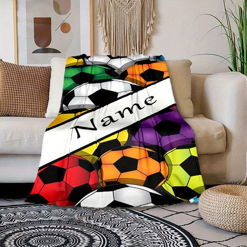 

Custom Name Soccer Ball Design Blanket - Personalized Warm Polyester Throw For All Seasons, Machine Washable, Ideal For Naps, Camping & Travel Gifts