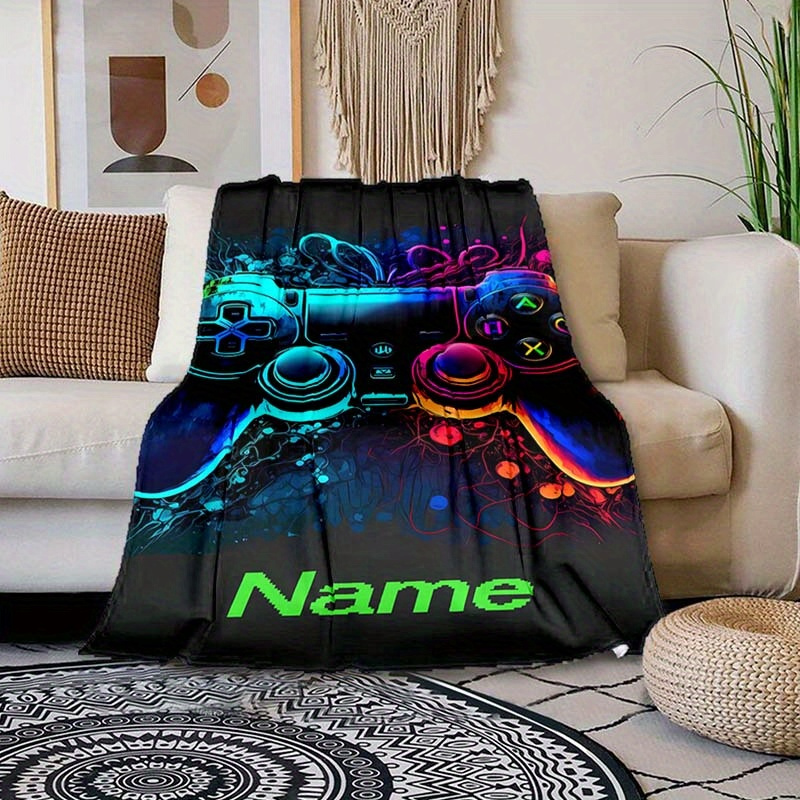 

Custom Name Game Controller Design Blanket - Personalized Soft Polyester Fiber Throw For All Seasons, Hand Or Machine Washable, Ideal For Naps, Camping, And Travel Gifts