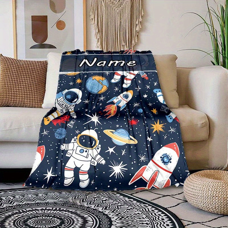 

Custom Name Blanket - Soft, Warm Polyester With Vibrant Astronaut & Rocket Design - Ideal For , Camping, Travel - Personalized Gift For , Astronaut Decor