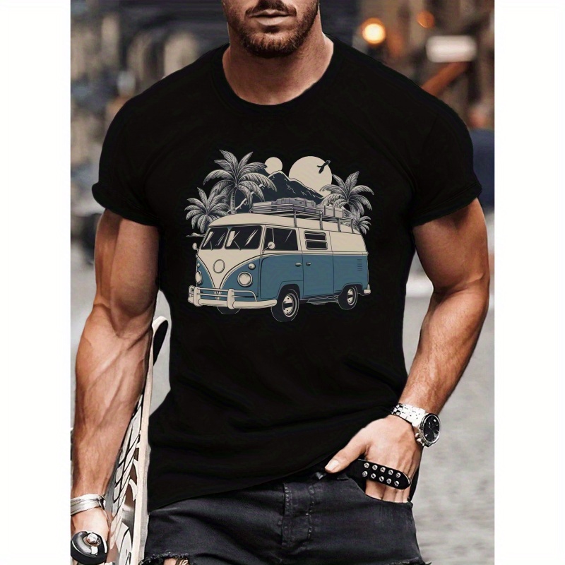 

Men's Vintage-inspired Camper Van Graphic T-shirt - Casual Polyester Crew Neck Tee With Slight Stretch, Regular Fit Short Sleeve Shirt For Summer