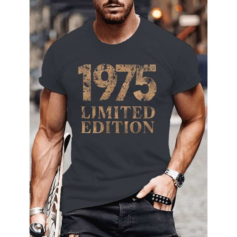 

1975 Vintage-inspired Polyester T-shirt For Men - Casual Round Neck Short Sleeve Summer Top With Geometric Pattern, Knit Fabric, Regular Fit