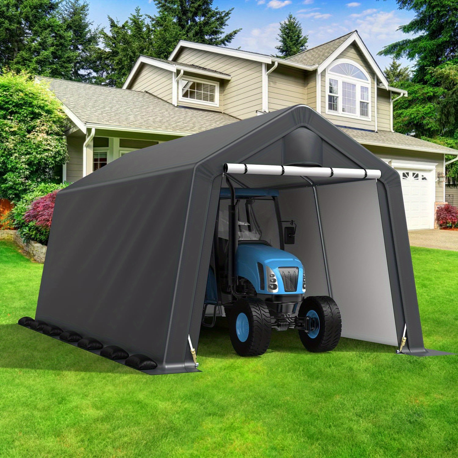 

10x15ft Outdoor Storage Shelter Carport, Portable Shelter Heavy Duty Storage Shed Carport With Roll-up Zipper Door For Bike, Motorcycle, Garden Storage, Waterproof And Uv Resistant, Gray