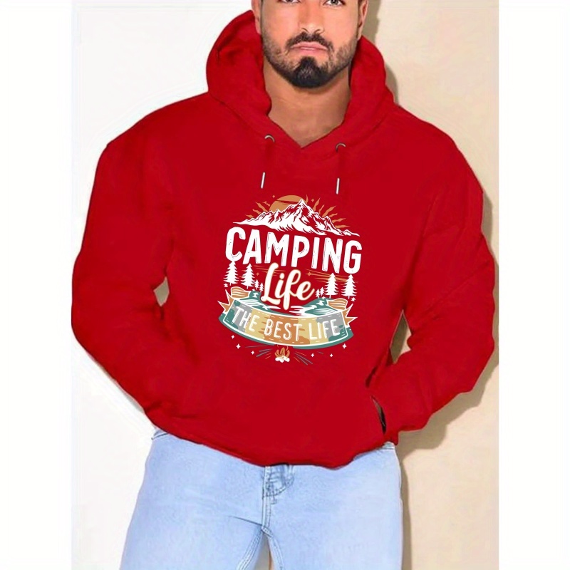 

Plus Size Men's Fashion Hoodie, Long Sleeve Casual Sporty Style Fancy Camping Life Print Hooded Sweatshirt