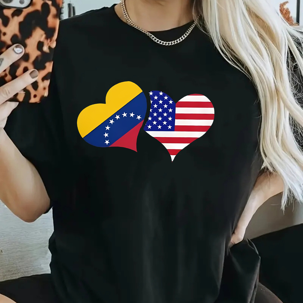 

Women's Patriotic Heart Tee - Venezuela And Usa Flag Print, Short Sleeve, Casual Summer T-shirt With Crew Neck, Polyester & Spandex Blend, Medium Stretch Knit Fabric