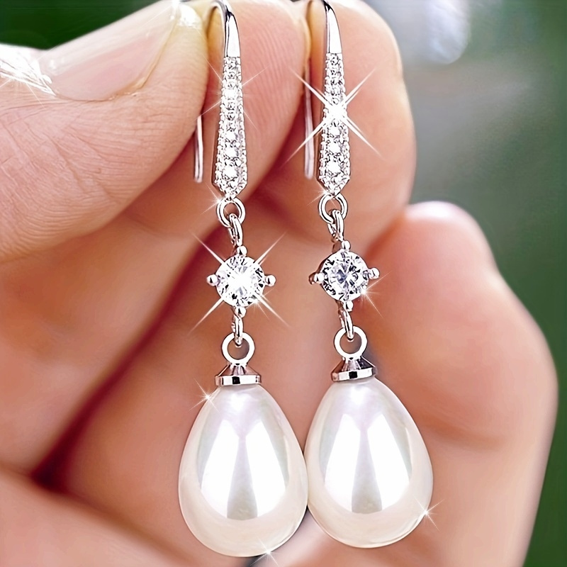 

1 Pair Of S925 Sterling Silver Elegant Exquisite Pendant Earrings With Shining Zirconia Pearl - Engagement Jewelry Anniversary Gift