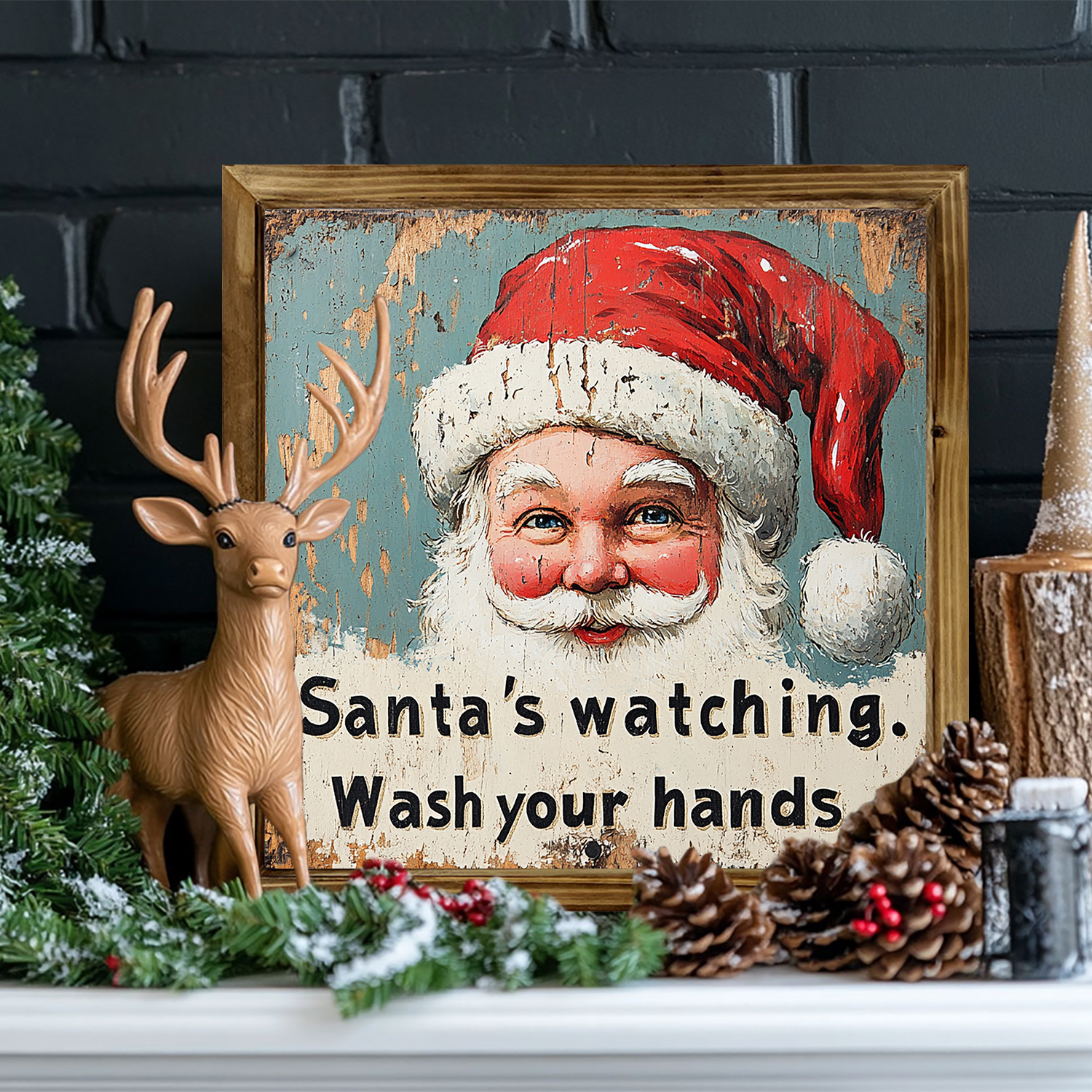 

Rustic Santa's Watching Sign: Holiday Wall Art, 8x8 Inch, Framed Wood, Retro Christmas Decor, Farmhouse Style, No Electricity Required, Multi-purpose, 0.3cm Thickness