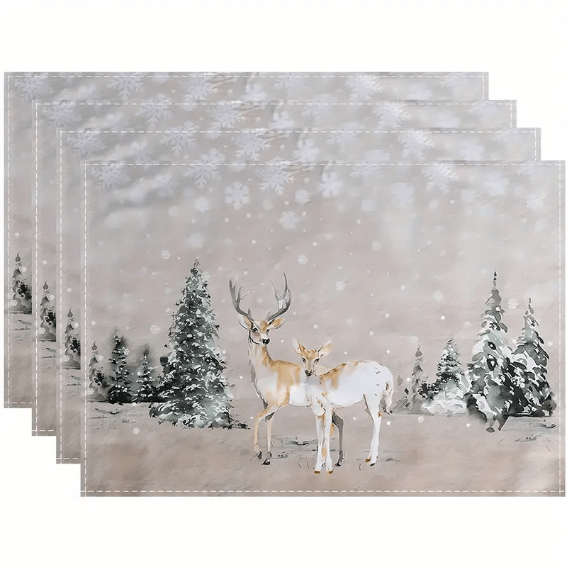 

4-piece Christmas Reindeer Place Mats Set, Woven Polyester, Machine Washable Winter Forest Snowflake Design, Home Table Decor