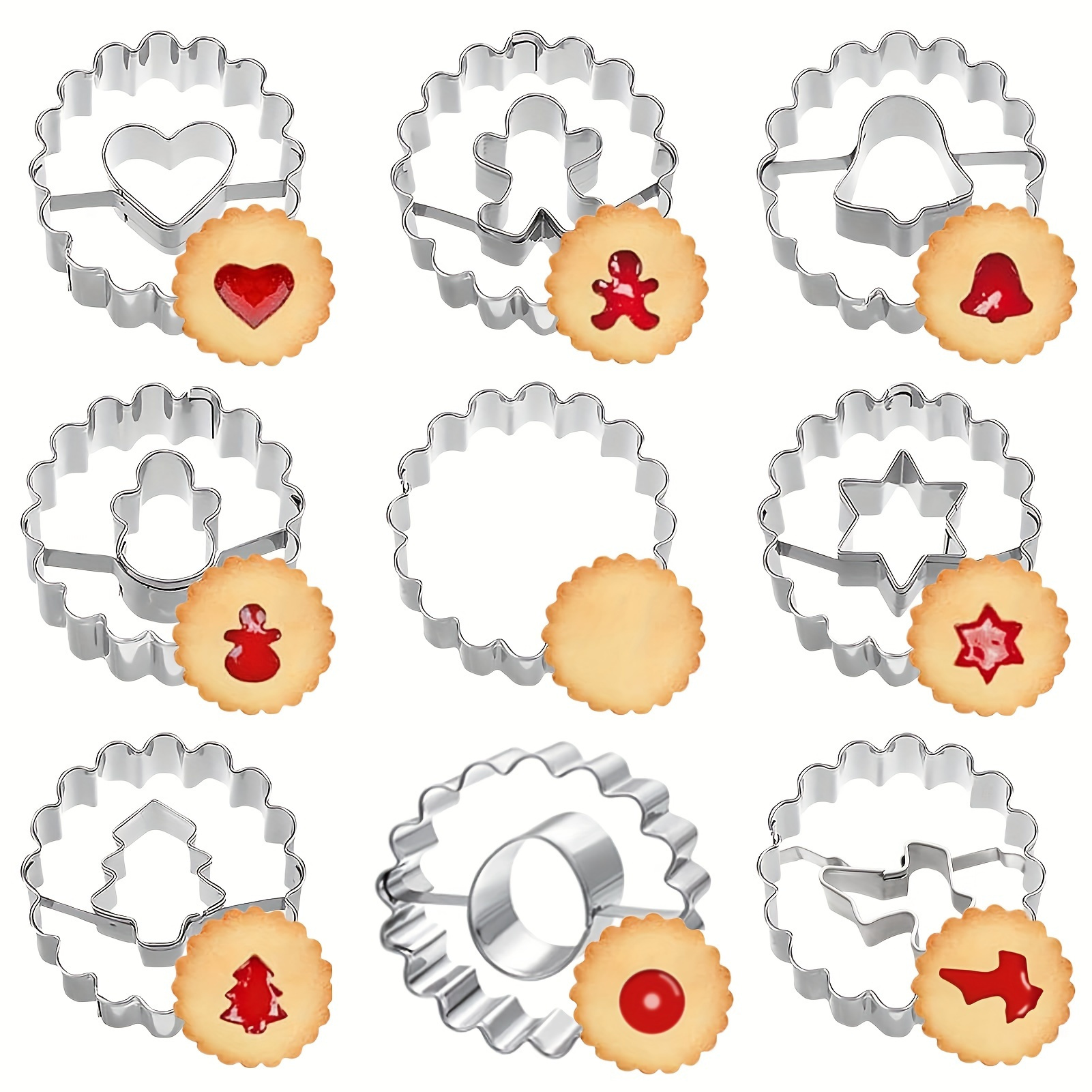 

9-piece Stainless Steel Linzer Cookie Cutter Set - Holiday & Valentine's Day Themed Biscuit Molds For Christmas Baking & Festive Treats - Pastry Cutting Tools With Interchangeable