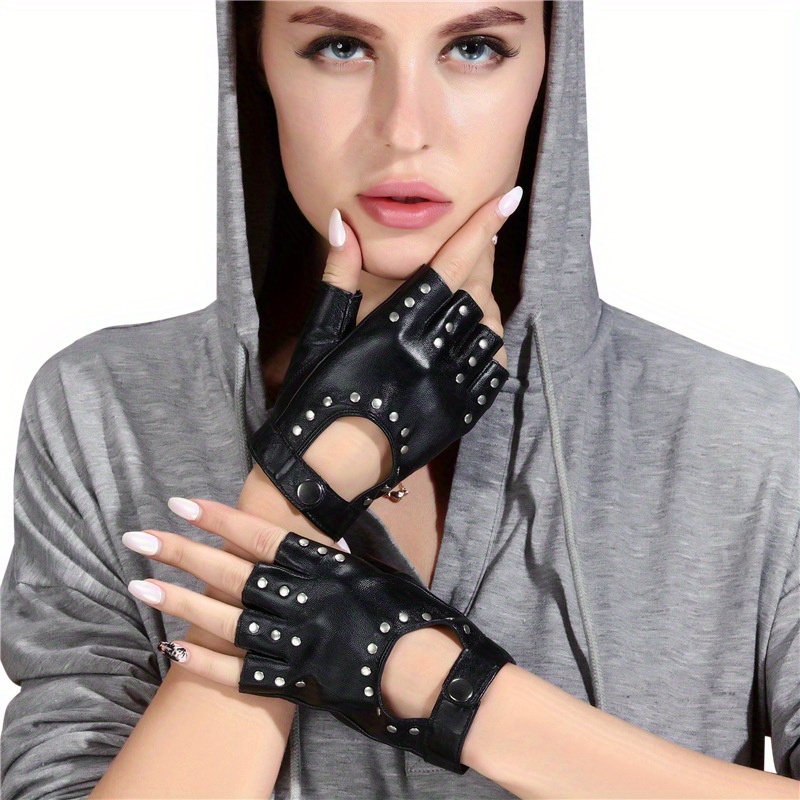 

Women's Pu Leather Half-finger Gloves With Rivets - Embossed Stripe, Full Coverage, Warm And Windproof For Night Out, Non-stretch Performance Accessory