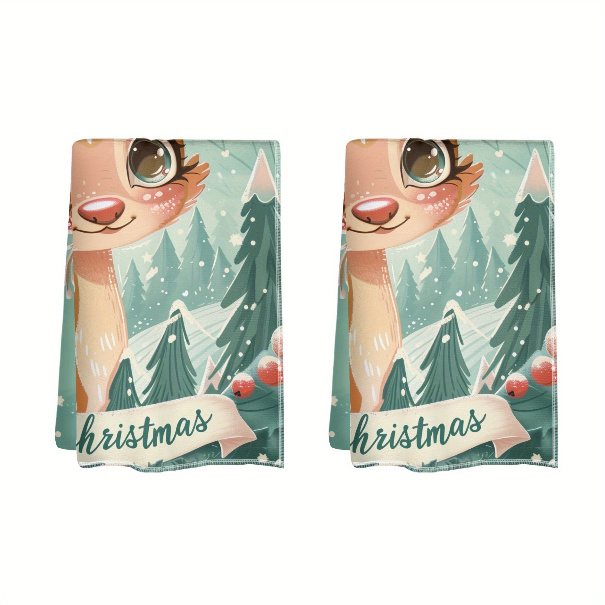 

2-pack Vintage Christmas Dish Towels With Cartoon Deer Design, Polyester Decorative Kitchen Towels, 0 Twist Absorbent Hand Towels For Holiday Cleaning, Oblong Handkerchief 18x26 Inch, Hand Wash Only