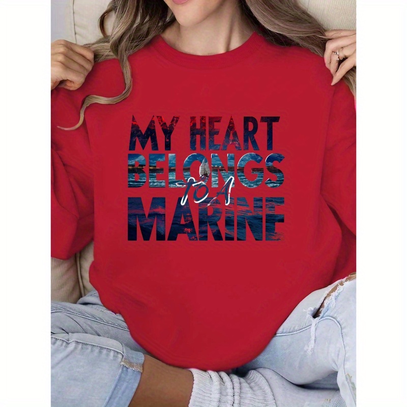 

Women's Casual Crew Neck Sweatshirt With 'my Heart Belongs To A Marine' Geometric Pattern - 100% Polyester Knit Fabric For Fall/winter Season