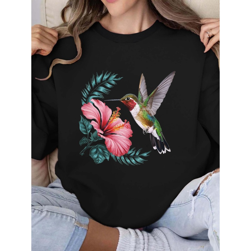 

Women's Casual Crew Neck Sweatshirt With Hummingbird & Hibiscus Print - Cozy Polyester, Machine Washable - Perfect For Fall/winter